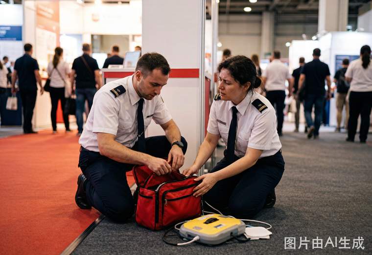 展会现场急救处置_专业医护人员打开急救箱为身体不适的观众进行现场救护