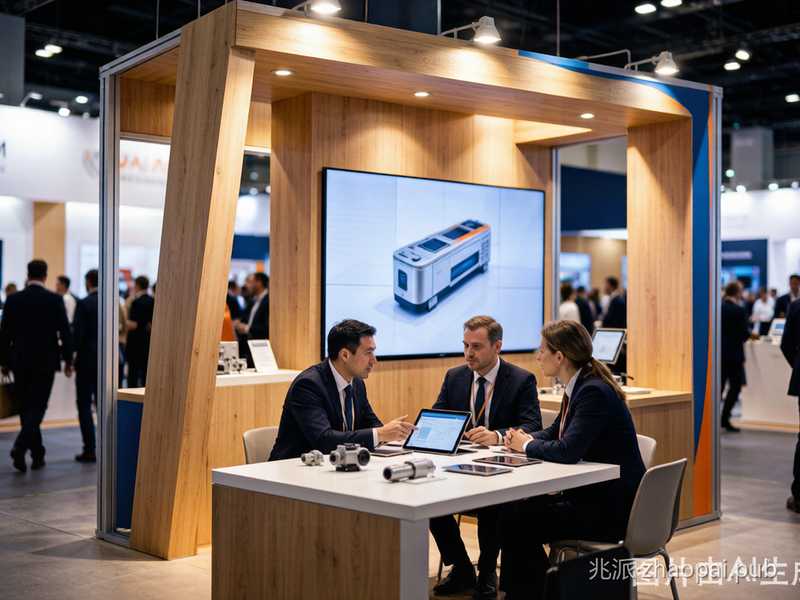 特装展台近景_品牌LED大屏与洽谈区_中外客商坐谈样品与方案