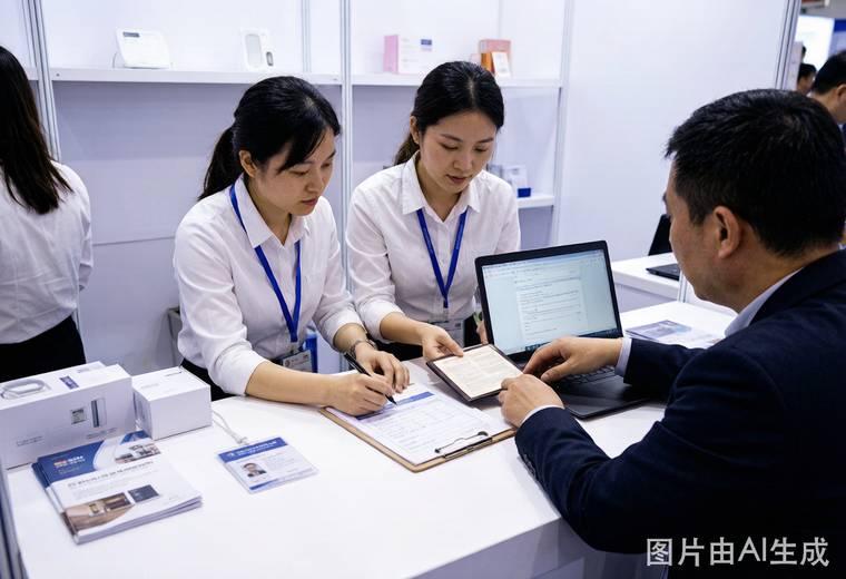 广交会展位服务台现场_参展企业工作人员协助客商核对报名资料与证件办理