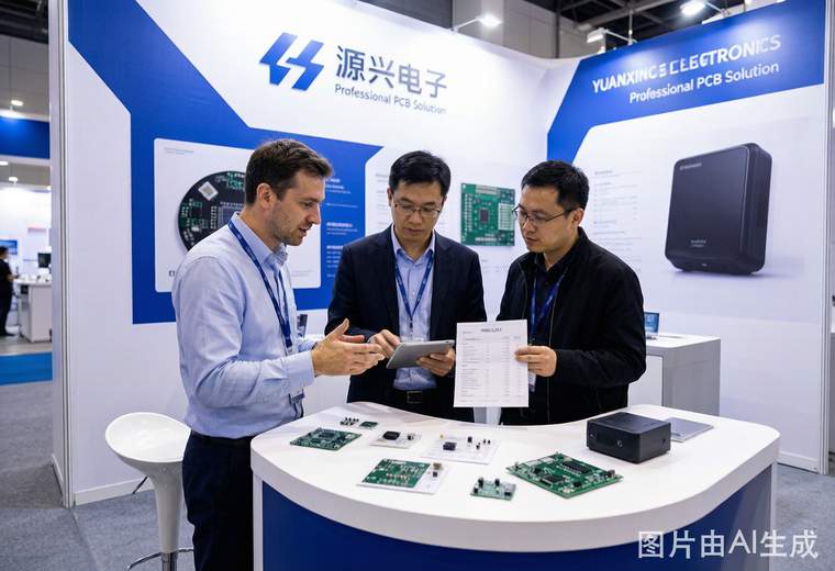 慕尼黑Electronica展台洽谈现场_参展商与采购客商围绕报价单与元器件样品沟通展位方案