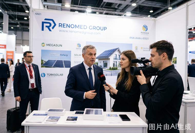 国际展会展台新闻发布现场_企业代表接受记者话筒与摄像采访并展示产品