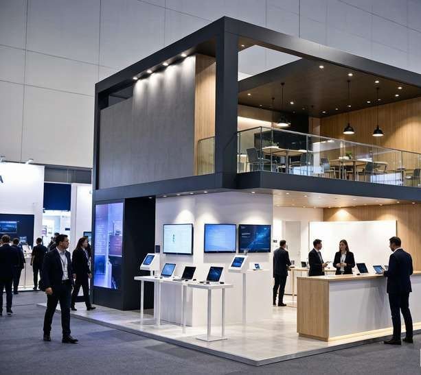 完工的双层展台效果_二层洽谈区与一层展示区
