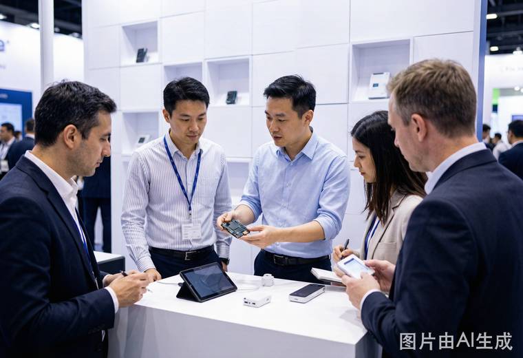 Embedded World展台洽谈现场_参展商向国际买家演示嵌入式开发板与电子产品样品