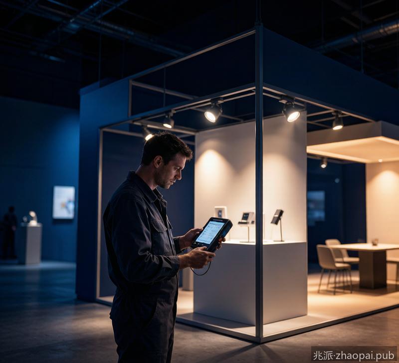 展台灯光验收调试3D渲染场景，工程师检查灯具照度与色温