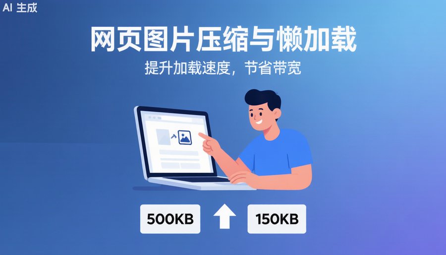 网页图片压缩与懒加载优化示意图，图片体积从500KB降至150KB