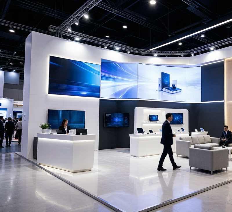 完工的特装展位效果_LED大屏品牌墙与洽谈区全景