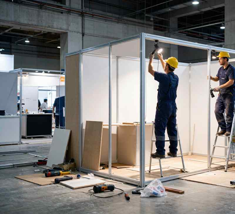 9平米展台搭建施工现场_工人安装铝型材框架与射灯
