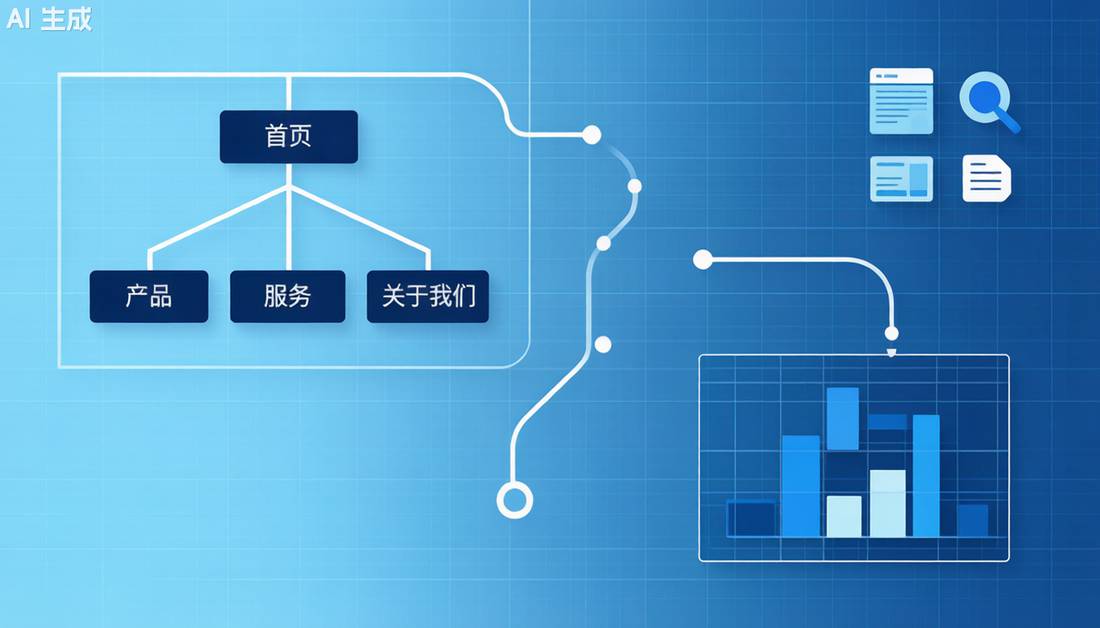 企业官网SEO结构优化示意图，网站架构树与关键词布局图表
