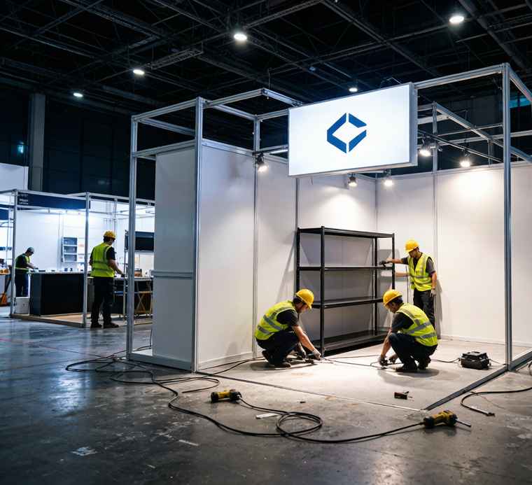 展会开展前夜晚展台搭建收尾，工人正在做灯光调试与展架安装
