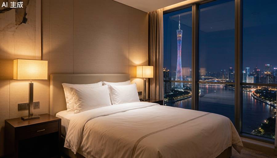 广州珠江新城商务酒店客房，落地窗外可见广州塔夜景，适合广交会参展商入住