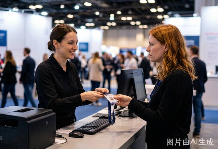 展会现场证件补办_服务台工作人员为丢失证件的观众打印并递交全新的参展胸卡