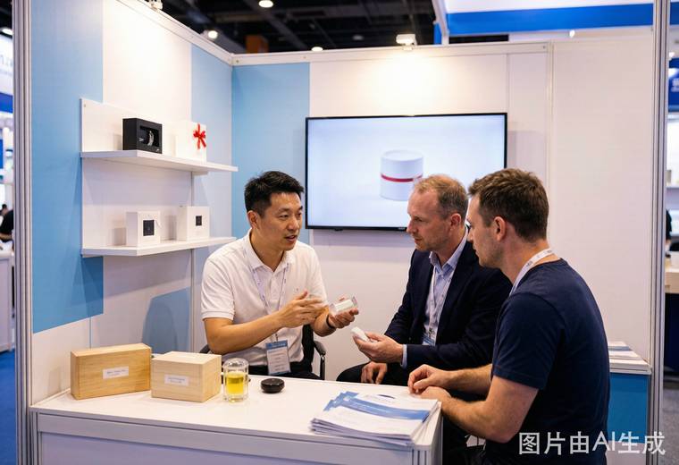 深圳礼品展展台洽谈现场_参展商与海外买家沟通礼品样品与报价